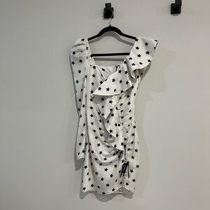 Self Portrait one sleeve white mini dress with black star design